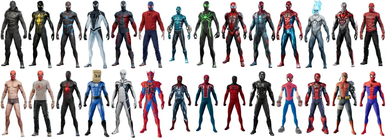 Kolekcja kostiumów Spider-Mana, w tym te z Spider-Man 2 DLC. Różnorodne stroje, od klasycznych po futurystyczne.