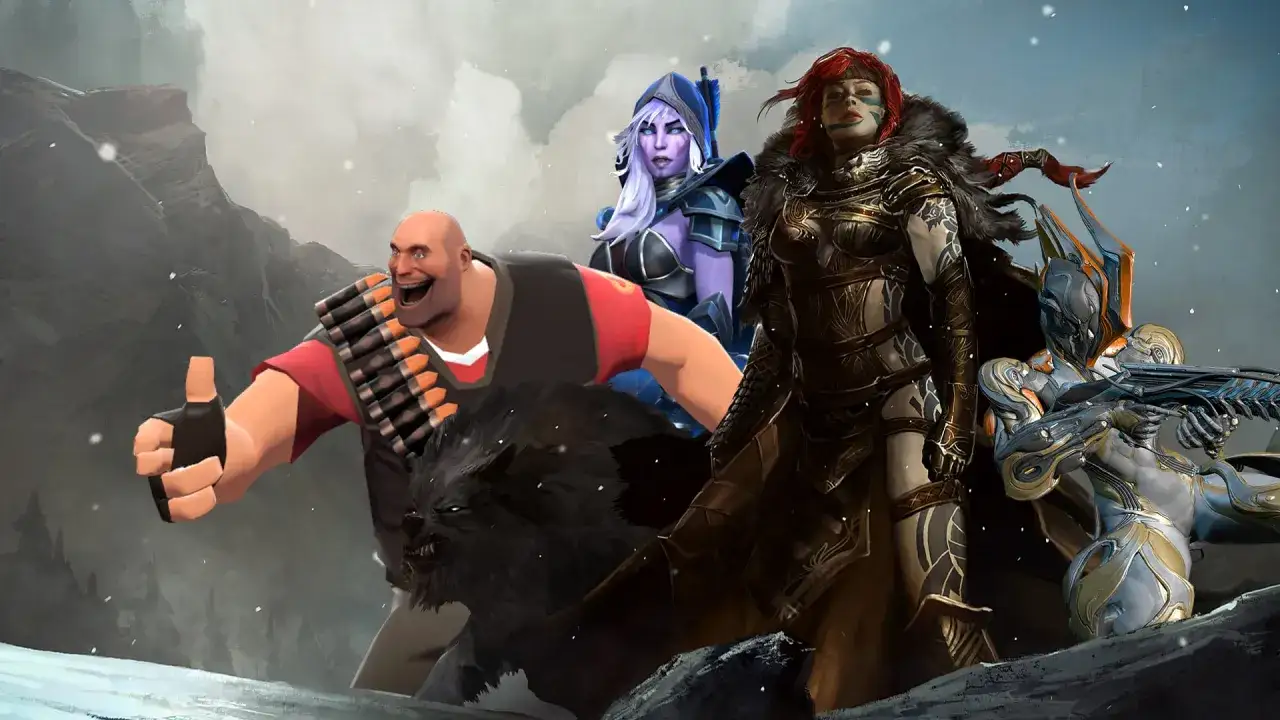 Postacie z gier, w tym Heavy z Team Fortress 2, wskazują na bezpłatne gry na Steam.