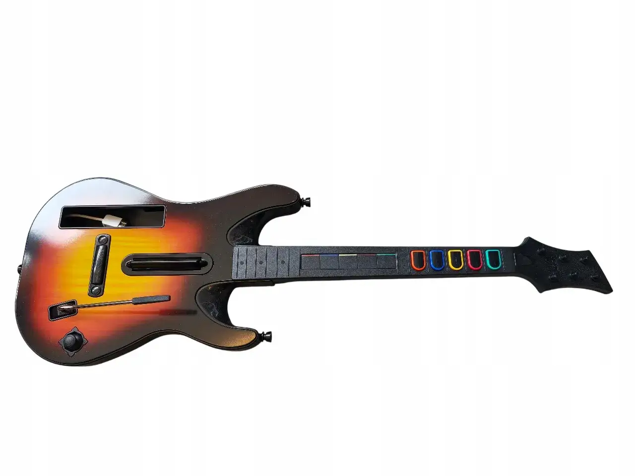 Gitara do gry Guitar Hero na PS5, z kolorowymi przyciskami i przetwornikiem.