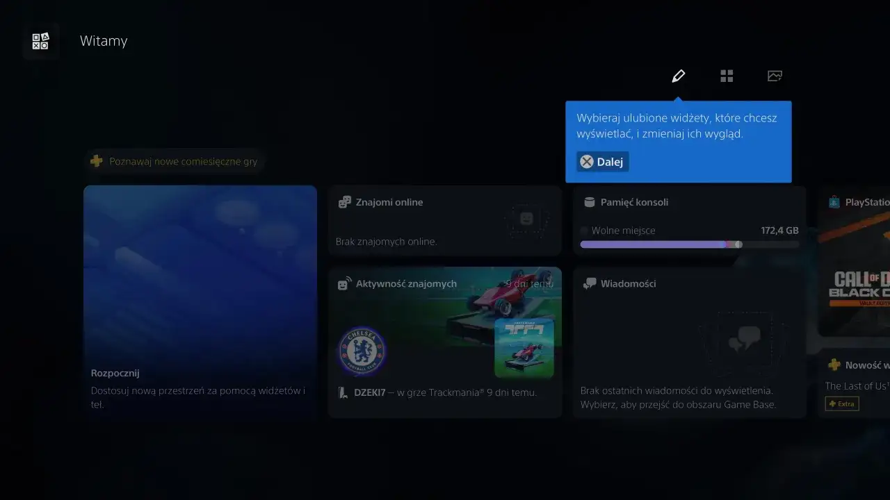 Ekran główny PlayStation z powiadomieniem o aktualizacji. Widoczne opcje: poznawaj gry, znajomi, pamięć konsoli, wiadomości.