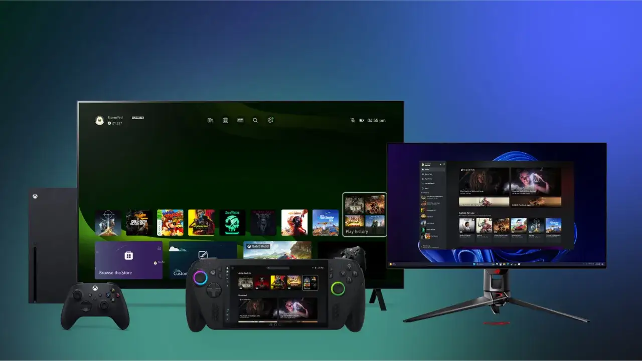 Xbox granie w chmurze na ekranie telewizora i monitorze. Konsola Xbox Series X, kontrolery i przenośne urządzenie do grania.
