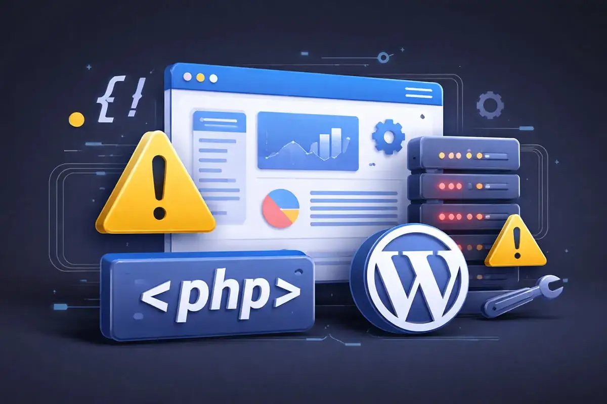 Grafika przedstawia elementy związane z aktualizacją PHP w WordPress: ikony ostrzegawcze, serwery, logo WordPress i tag `<php>`.