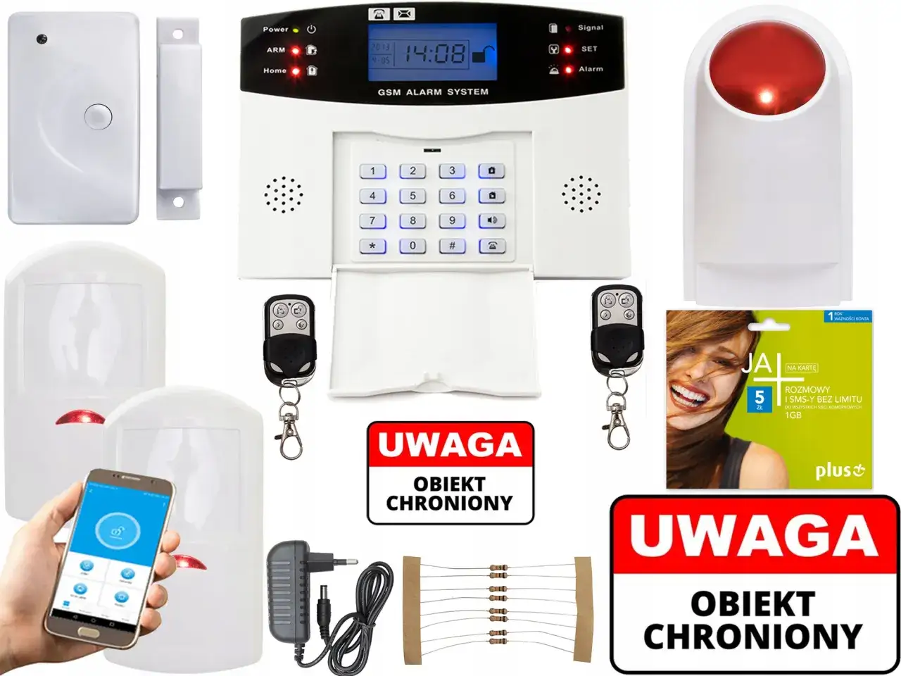 Zestaw alarmowy GSM: panel, czujniki ruchu, kontaktron, syrena, piloty, ładowarka, karta SIM i instrukcja jak uzbroić alarm w domu.