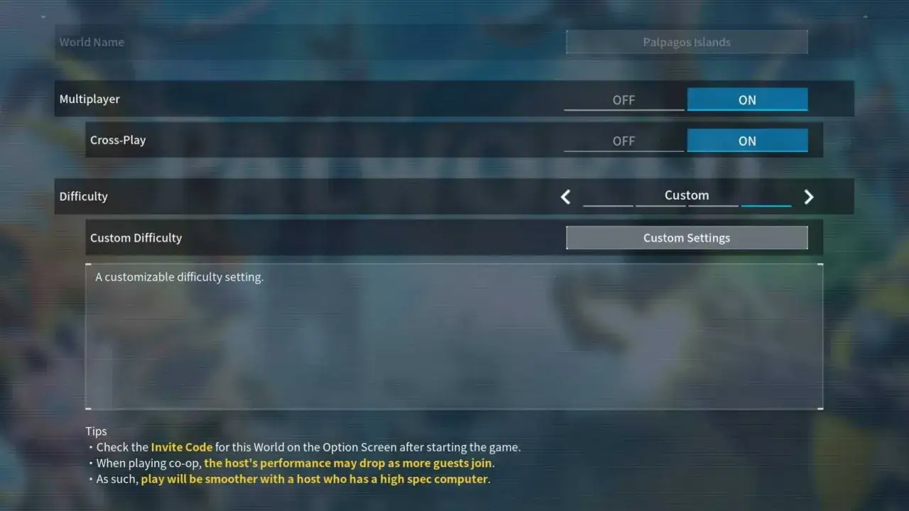 Ustawienia gry Palworld: włączony multiplayer i crossplay, trudność niestandardowa.