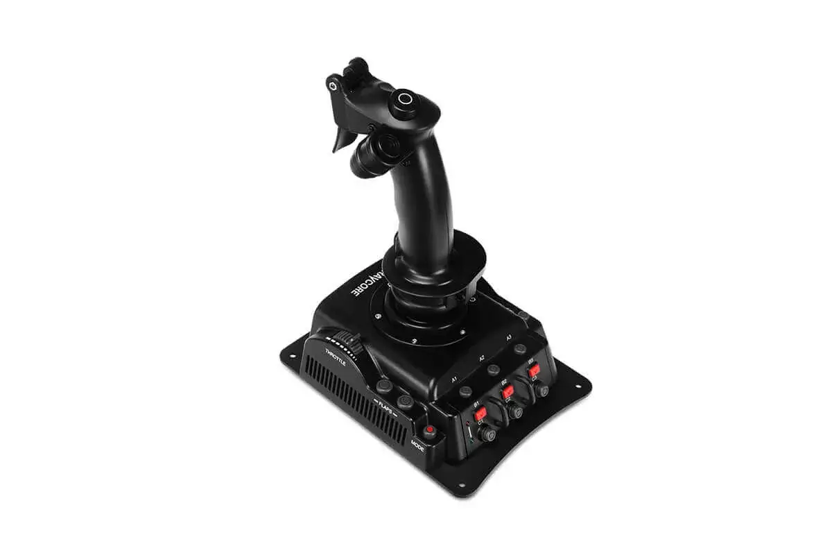Czarny joystick Ravcore Javelin z przepustnicą i przyciskami, gotowy do akcji w symulatorach lotu.