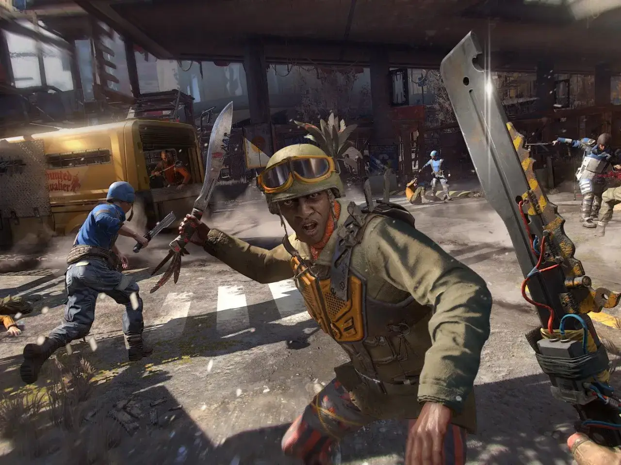 Gracz w Dying Light 2 z maczetą walczy z przeciwnikami. Możliwość gry z innymi graczami, czyli crossplay, sprawia, że walka jest jeszcze bardziej ekscytująca.