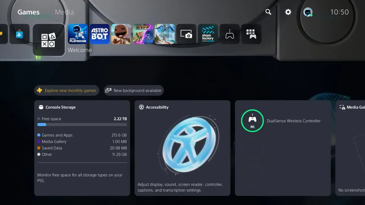 Menu główne PlayStation z ikonami gier i opcjami systemu, gotowe na playstation aktualizacja.