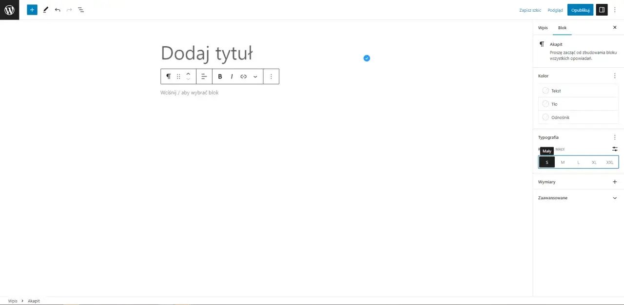 Edytor WordPressa. Widok panelu bocznego z opcjami bloku