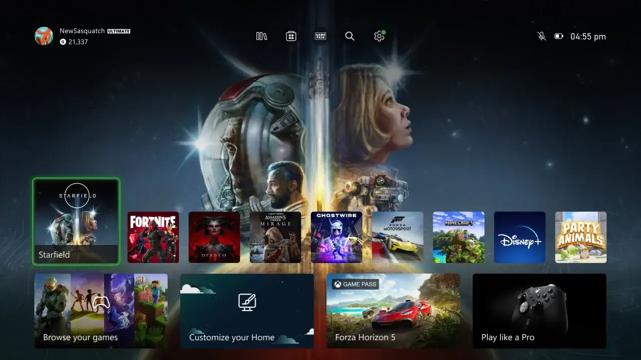 Ekran główny Xbox Series X z grą Starfield na pierwszym planie. Widoczne ikony gier i aplikacji, sugerujące ostatnią aktualizację systemu.