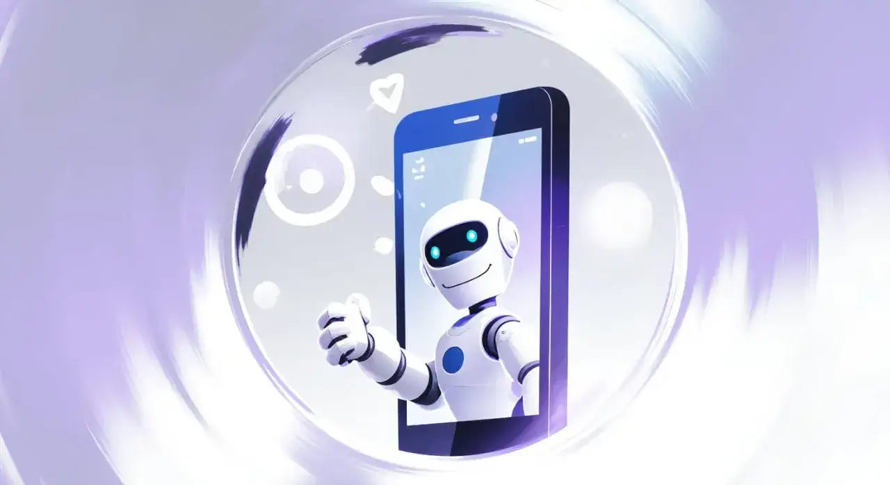 Uśmiechnięty robot wychodzi z telefonu, pokazując kciuk w g&oacute;rę. To przykład, co to jest sztuczna inteligencja w telefonie, kt&oacute;ra pomaga nam w codziennych zadaniach.