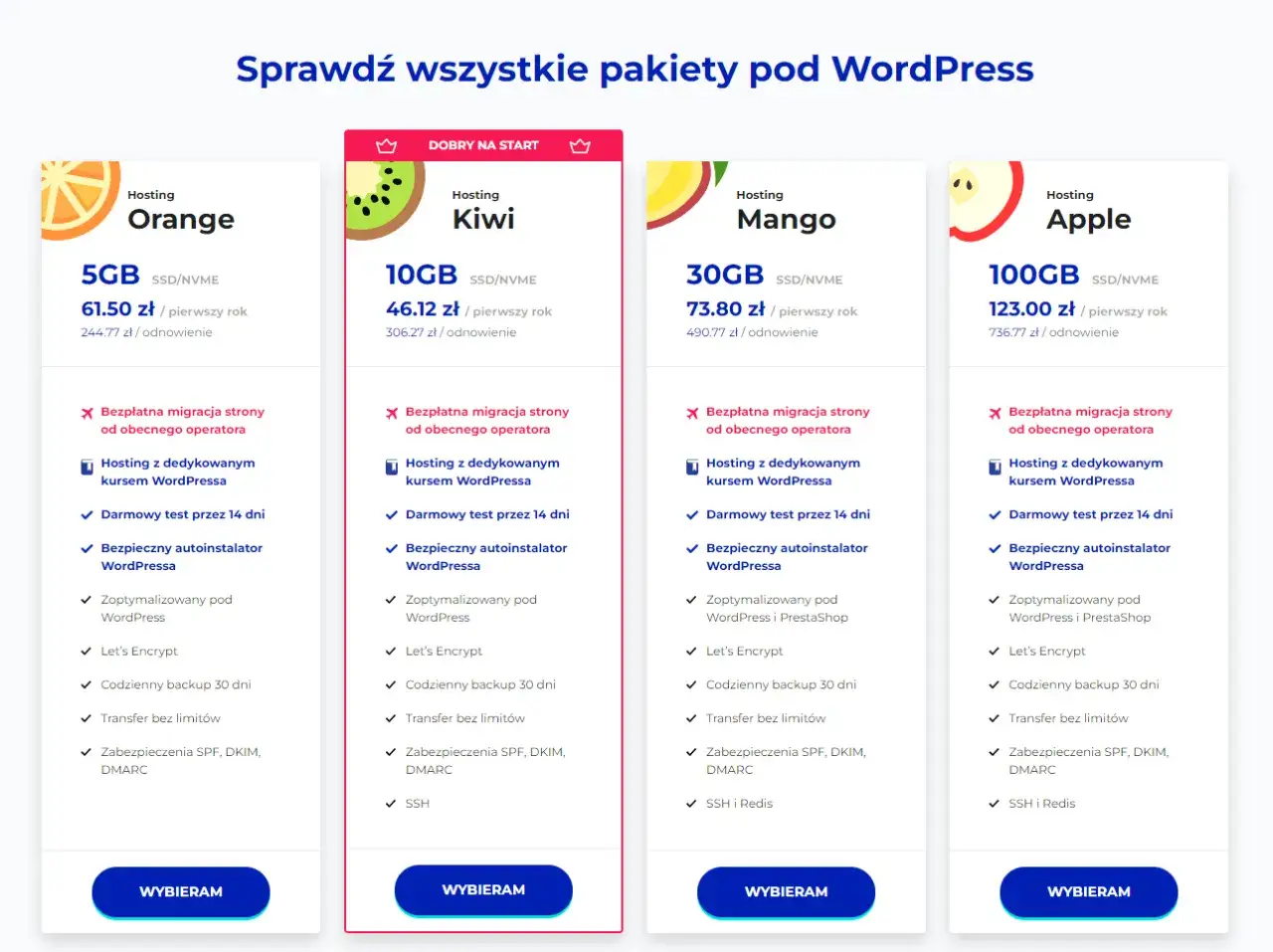 Porównanie pakietów hostingowych: Orange, Kiwi, Mango i Apple. Zastanawiasz się, czy wybrać Wix czy WordPress? Sprawdź oferty zoptymalizowane pod WordPress.