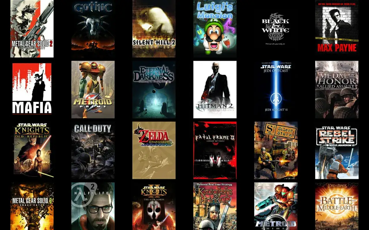 Kolekcja okładek gier PC, w tym Metal Gear Solid, Mafia, Zelda, Star Wars i inne, tworząca listę top 100 gier PC.