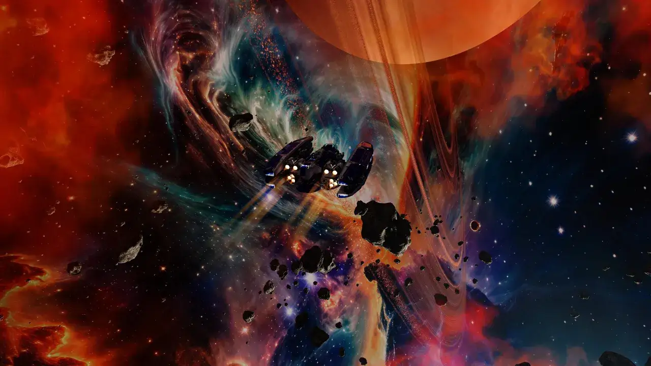 Statek kosmiczny przemierza barwną mgławicę, otoczony asteroidami. To wizja z gry Starfield, aktualizacja dodaje nowe możliwości eksploracji.