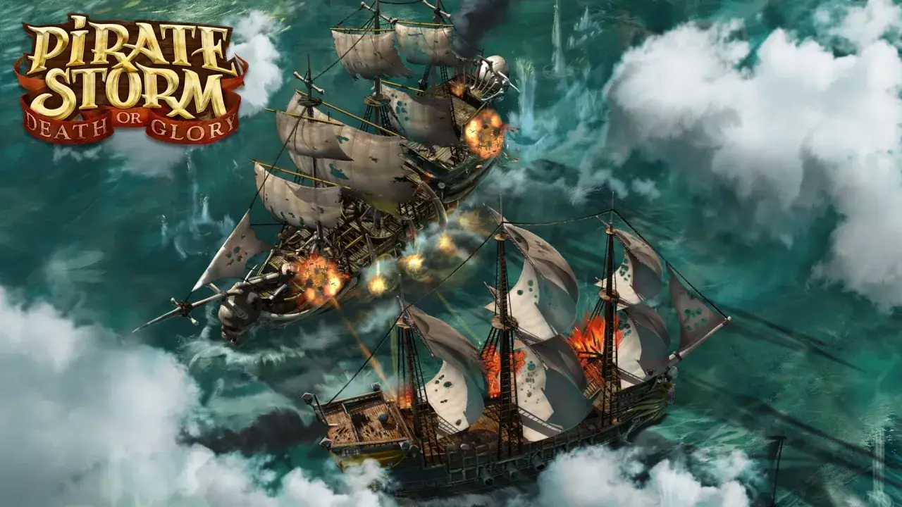 Pirate Storm: Death or Glory – gra PC. Dwa żaglowce walczą na wzburzonym morzu, płoną żagle i wybuchają armaty.