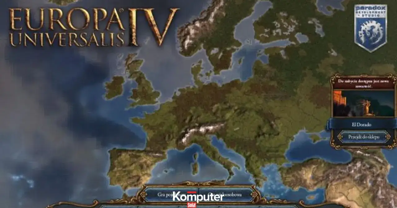 Europa Universalis IV PL: mapa Europy z widocznym menu gry i informacją o DLC El Dorado.