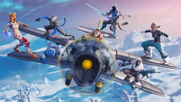 Postacie z Fortnite na samolocie, jakby świętowały ile jest sezonów w Fortnite. W tle zimowy krajobraz.